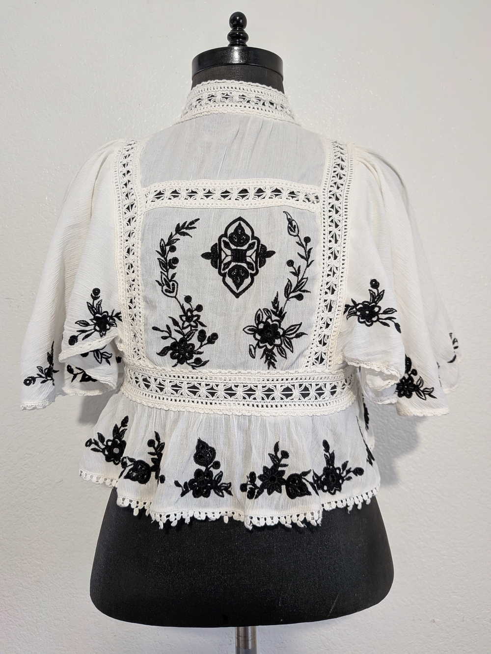 Free People White Peplum Blouse with Black Embroidery Size Small